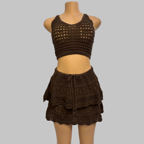 Brown Crochet Two-Piece Set One Size Crop Top & Mini Skirt