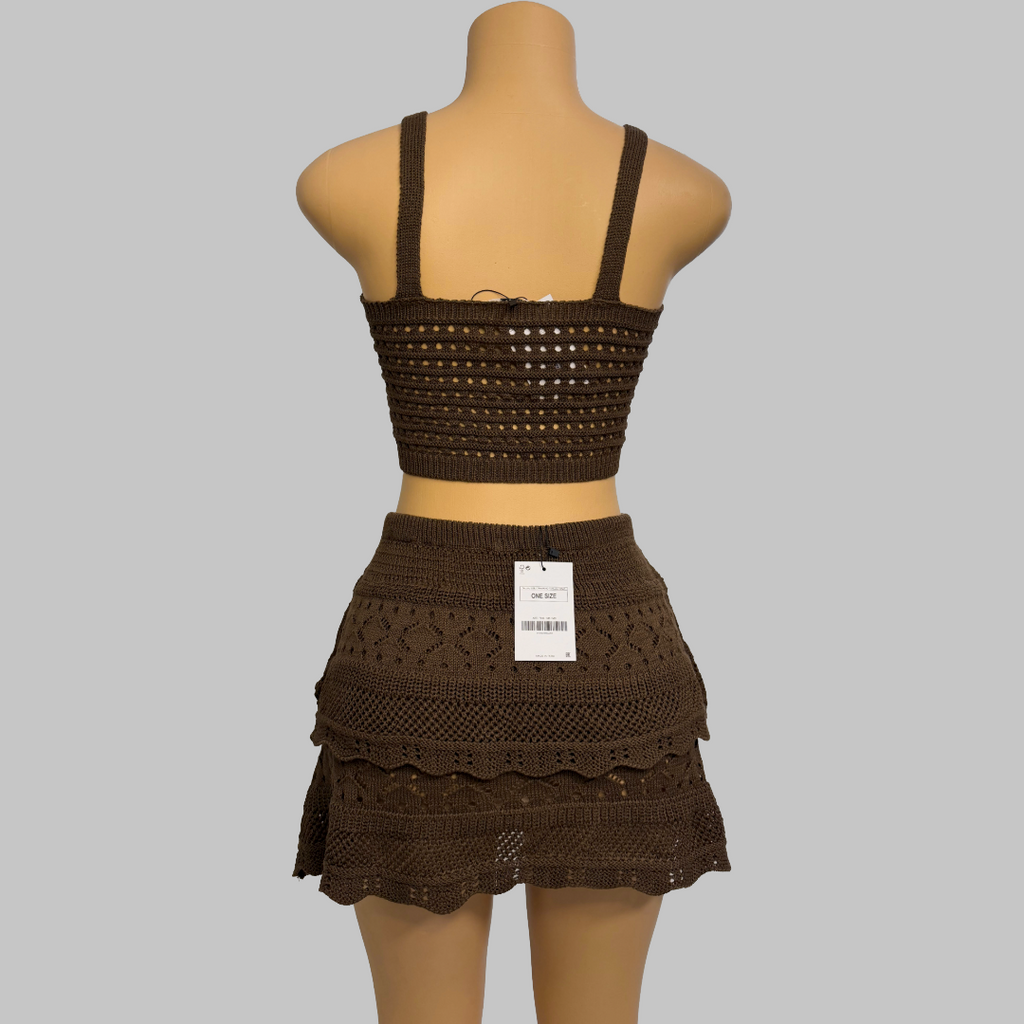 Brown Crochet Two-Piece Set One Size Crop Top & Mini Skirt