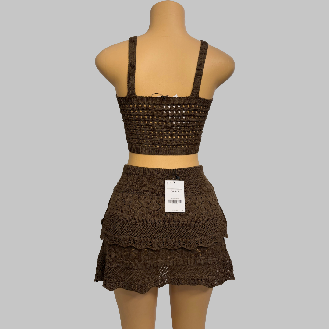 Brown Crochet Two-Piece Set One Size Crop Top & Mini Skirt