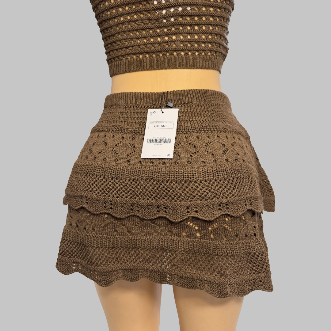 Brown Crochet Two-Piece Set One Size Crop Top & Mini Skirt