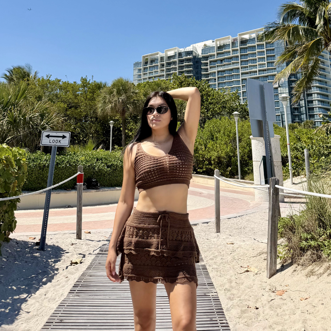Brown Crochet Two-Piece Set One Size Crop Top & Mini Skirt