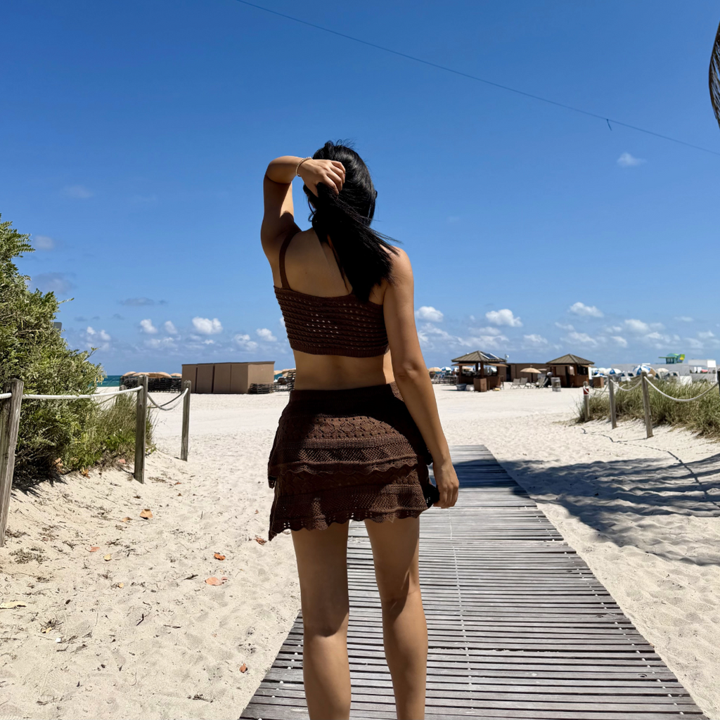 Brown Crochet Two-Piece Set One Size Crop Top & Mini Skirt