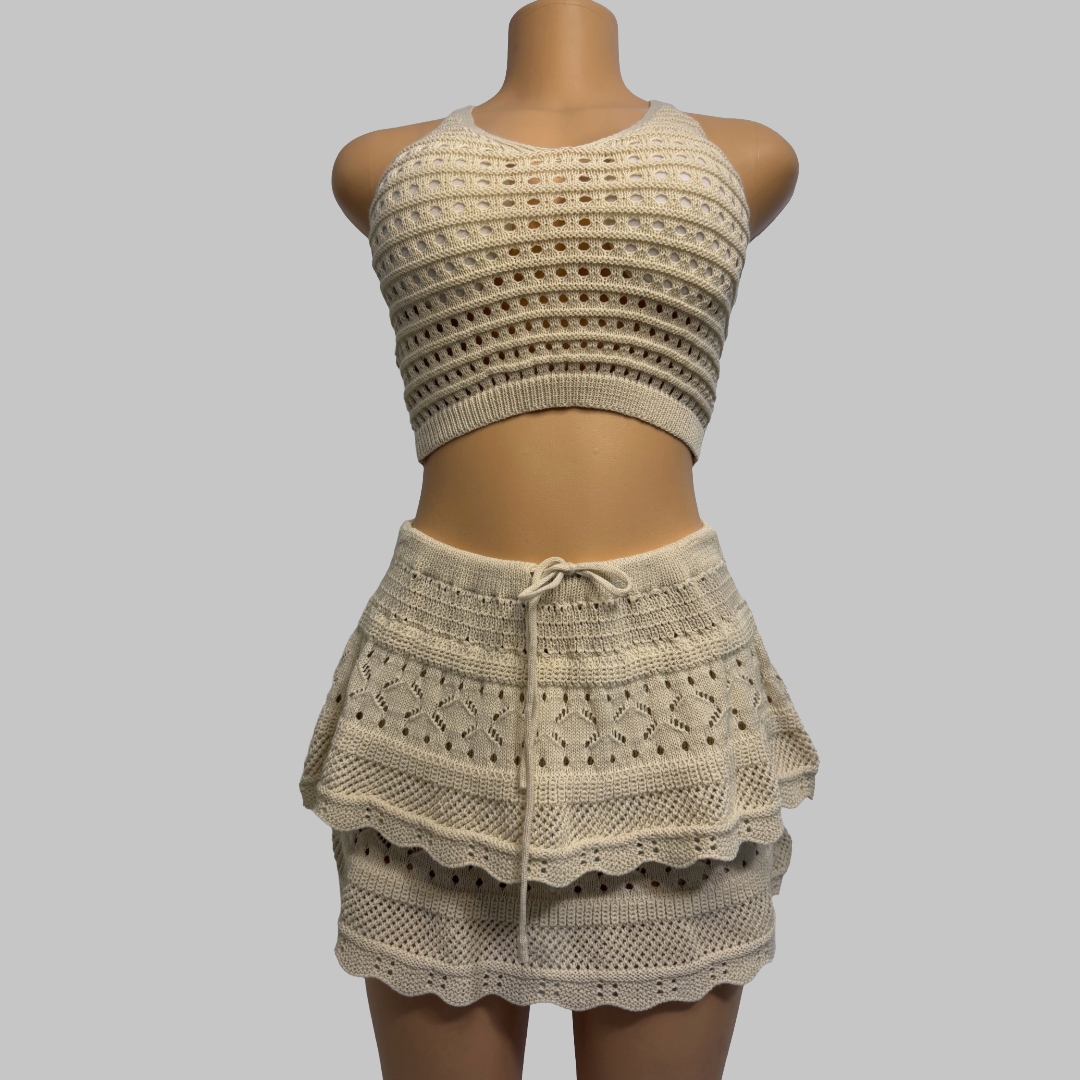 Brown Crochet Two-Piece Set One Size Crop Top & Mini Skirt