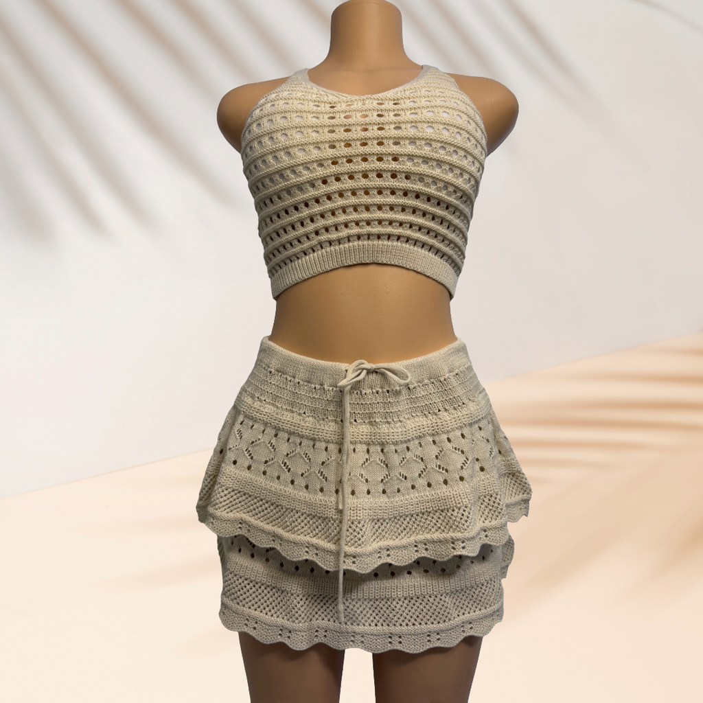 Brown Crochet Two-Piece Set One Size Crop Top & Mini Skirt