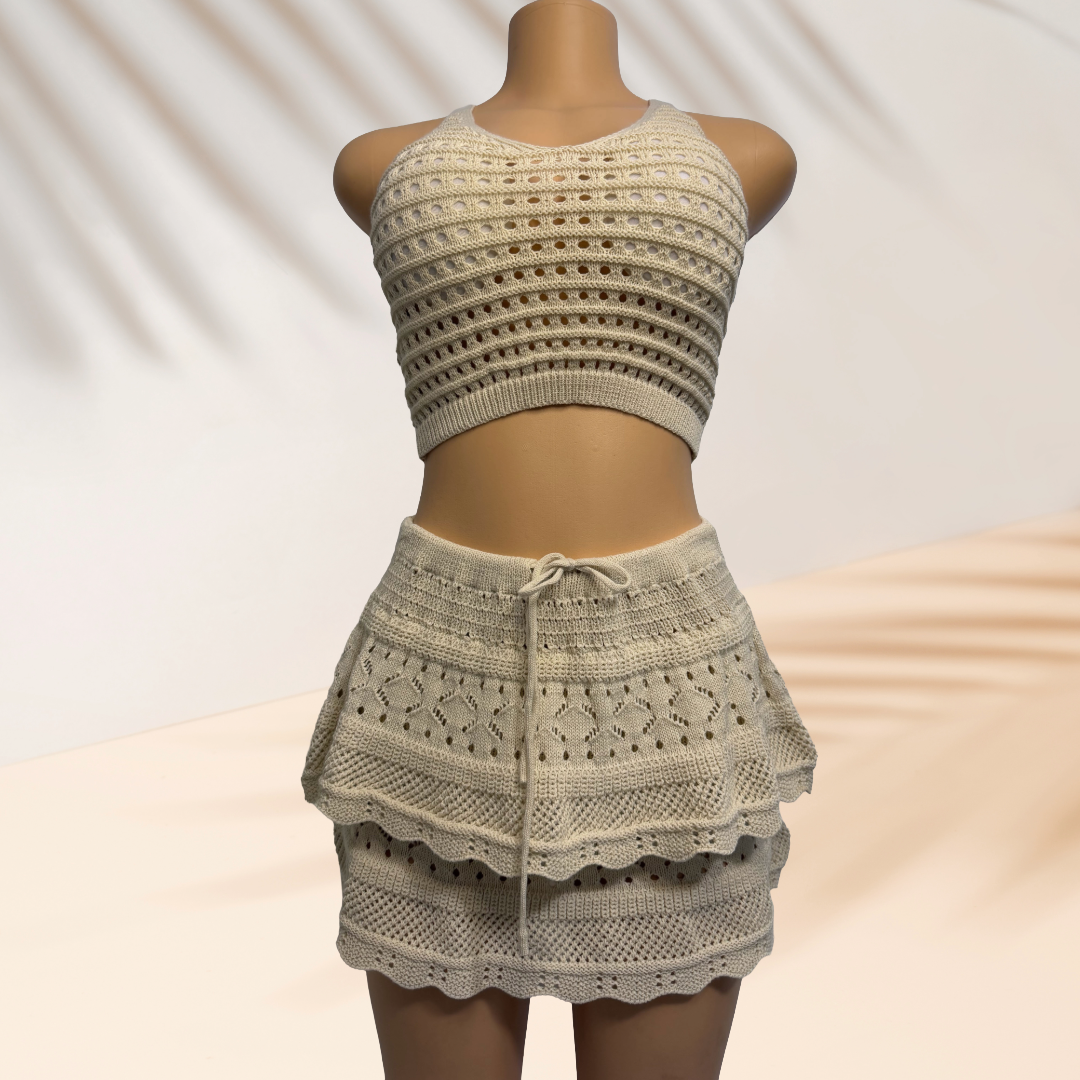 Brown Crochet Two-Piece Set One Size Crop Top & Mini Skirt