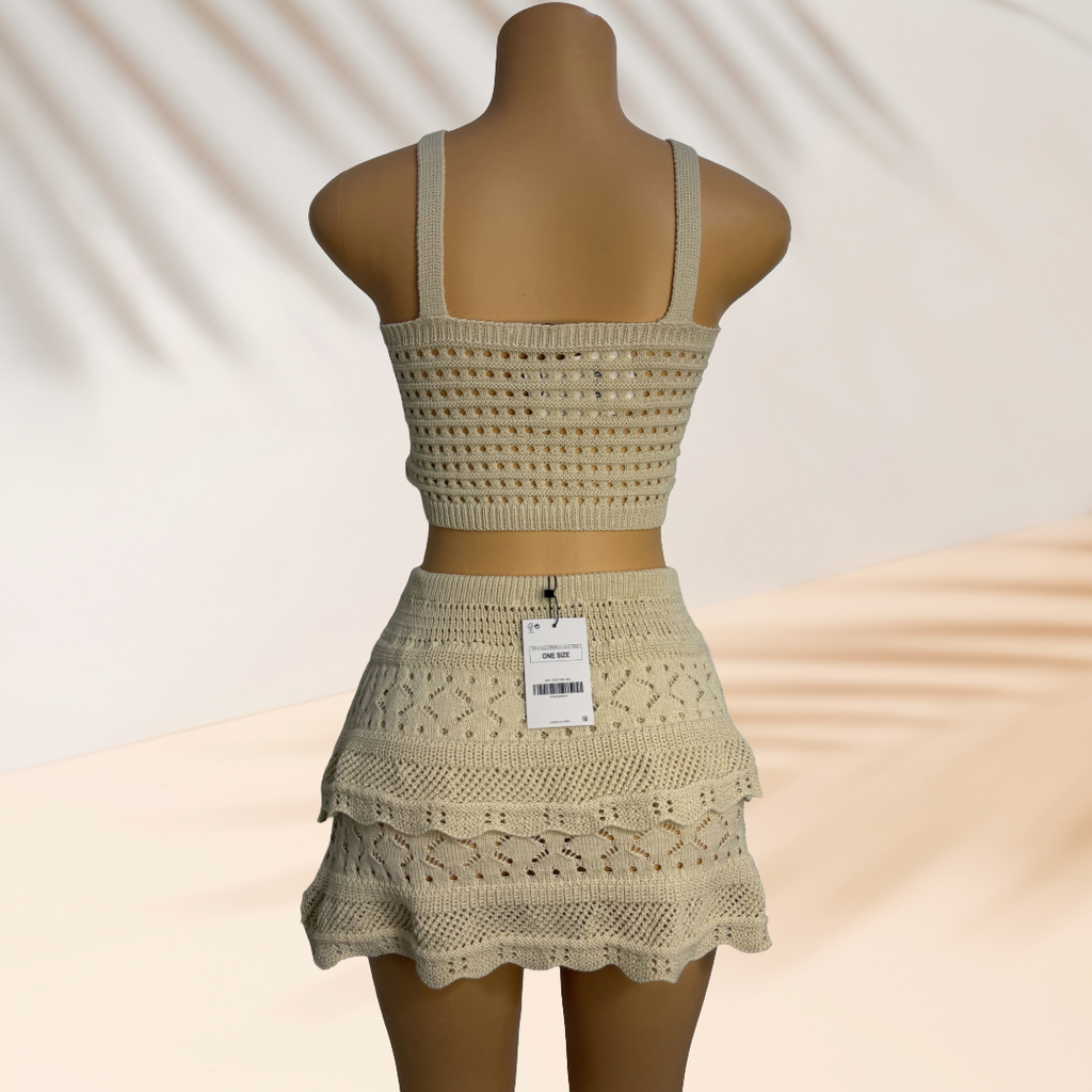 Brown Crochet Two-Piece Set One Size Crop Top & Mini Skirt